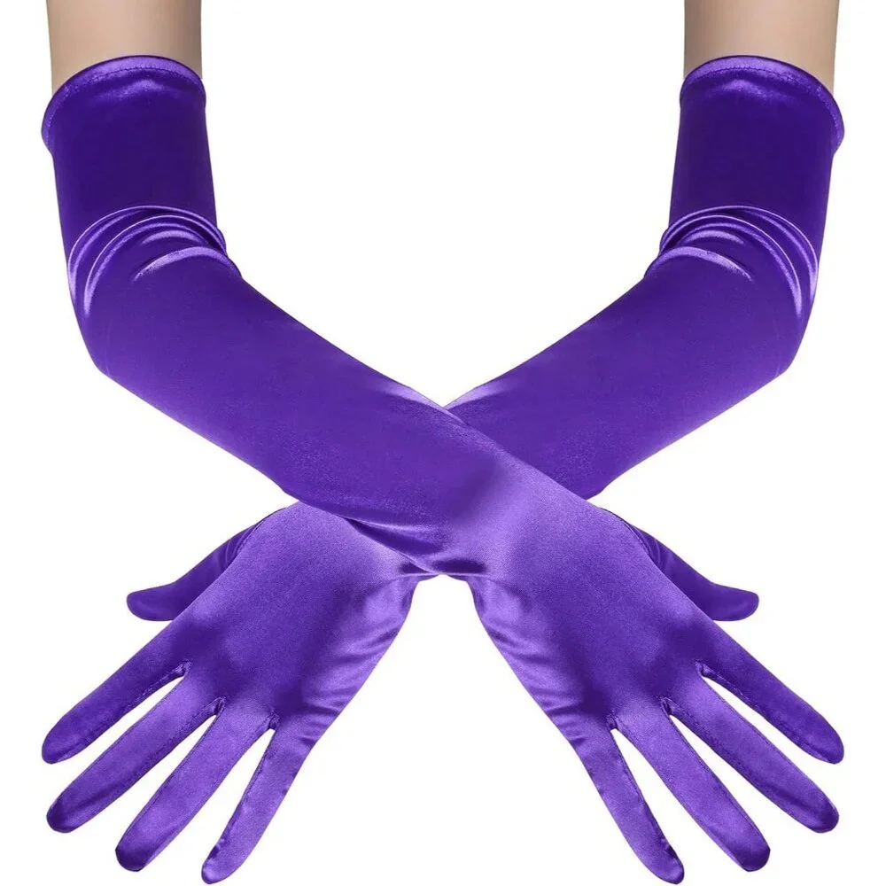 Women's Purple Vintage Satin Long Gloves Party Costume Stretchy Elbow Length